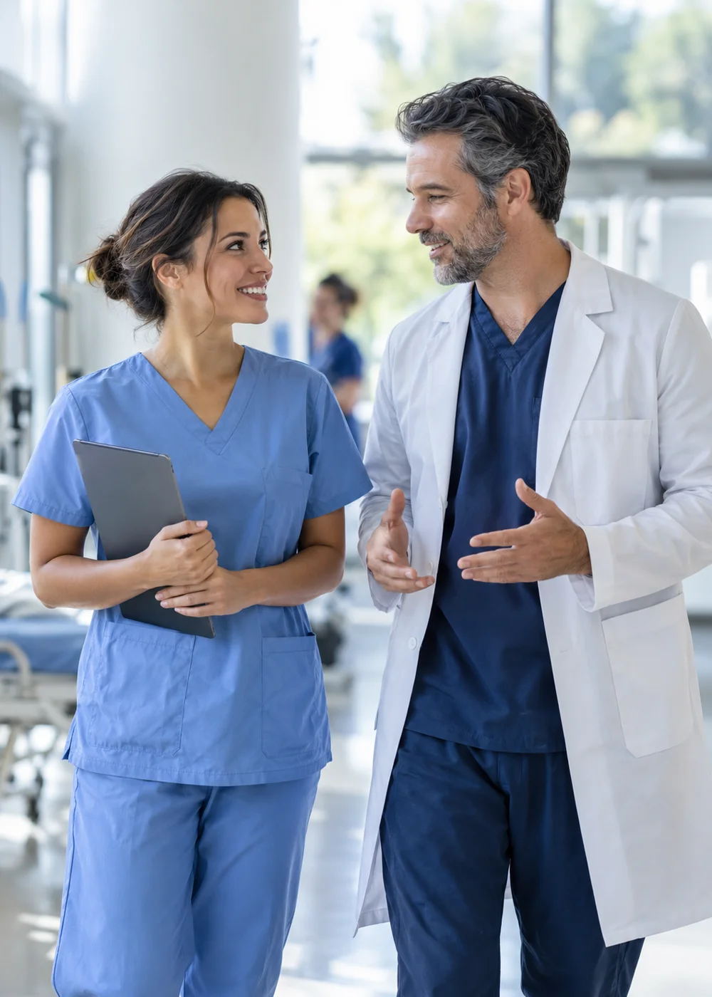 Two colleagues talking together in a bright hospital corridor