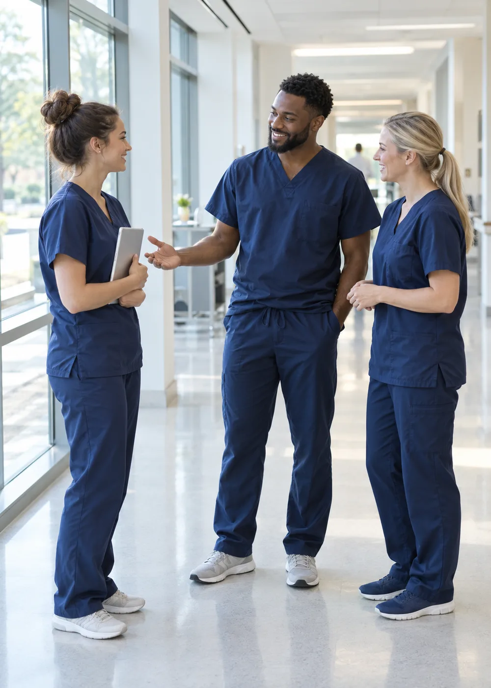 Three colleagues in navy scrubs talking together in a bright hospital corridor