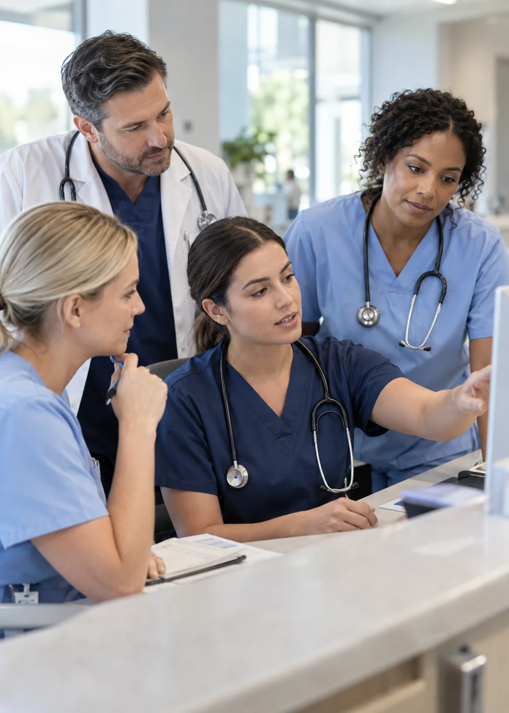 Four clinicians gathered around a screen at a nurses station