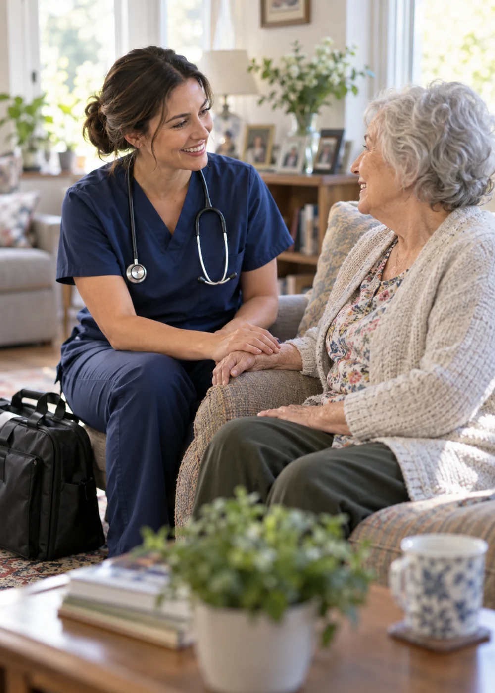 A home health nurse sitting with an older woman in her living room