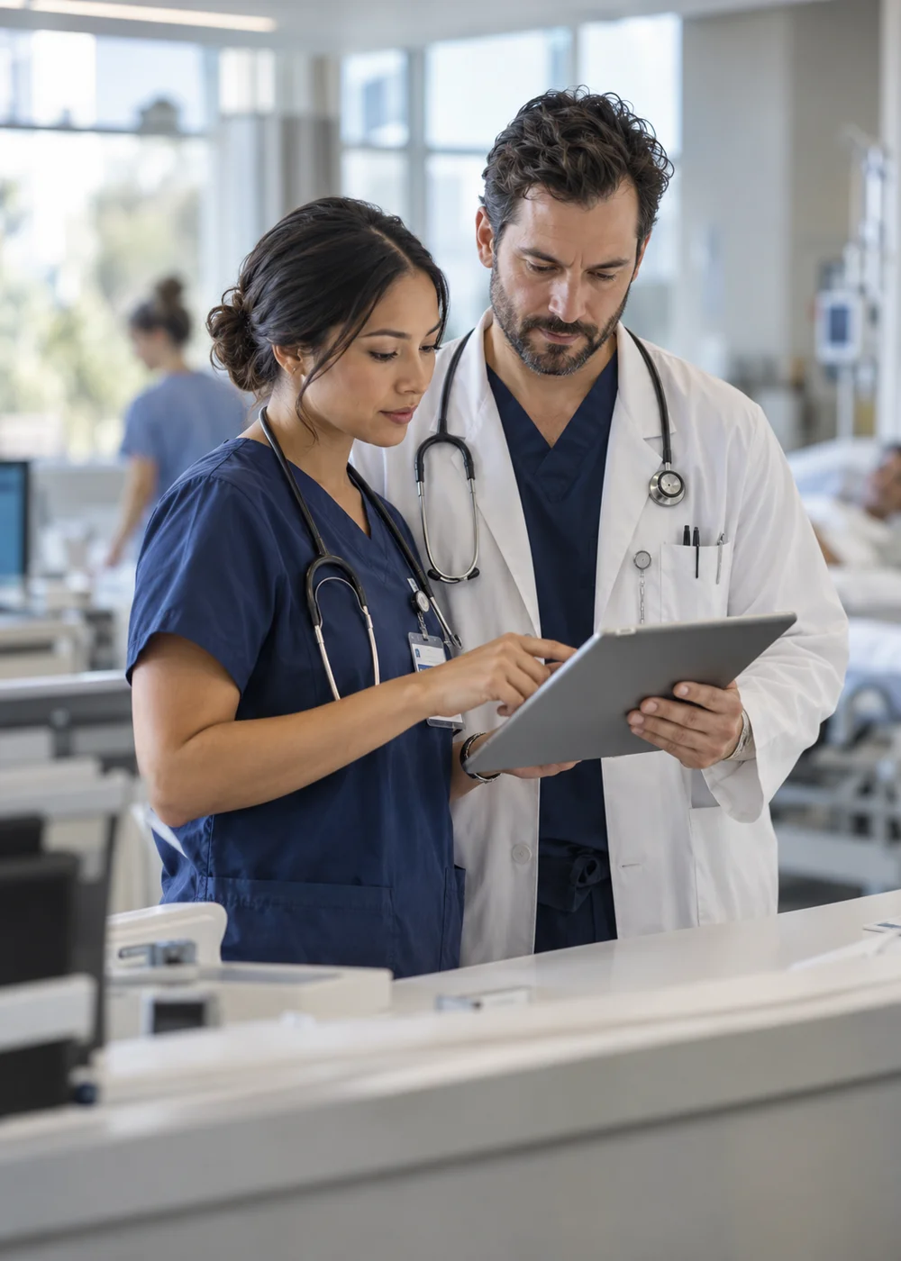 A nurse and doctor reviewing a tablet together at a nurses station