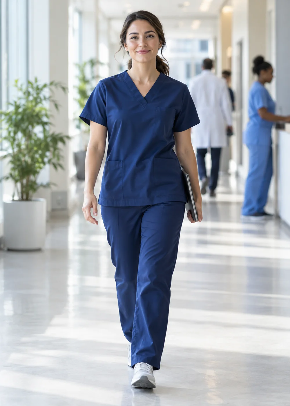 A nurse walking toward the camera in a bright hospital corridor