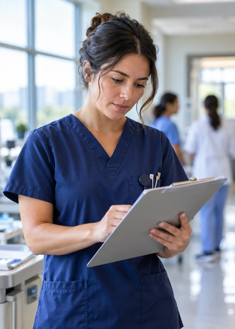 A nurse reviewing documentation on a clipboard