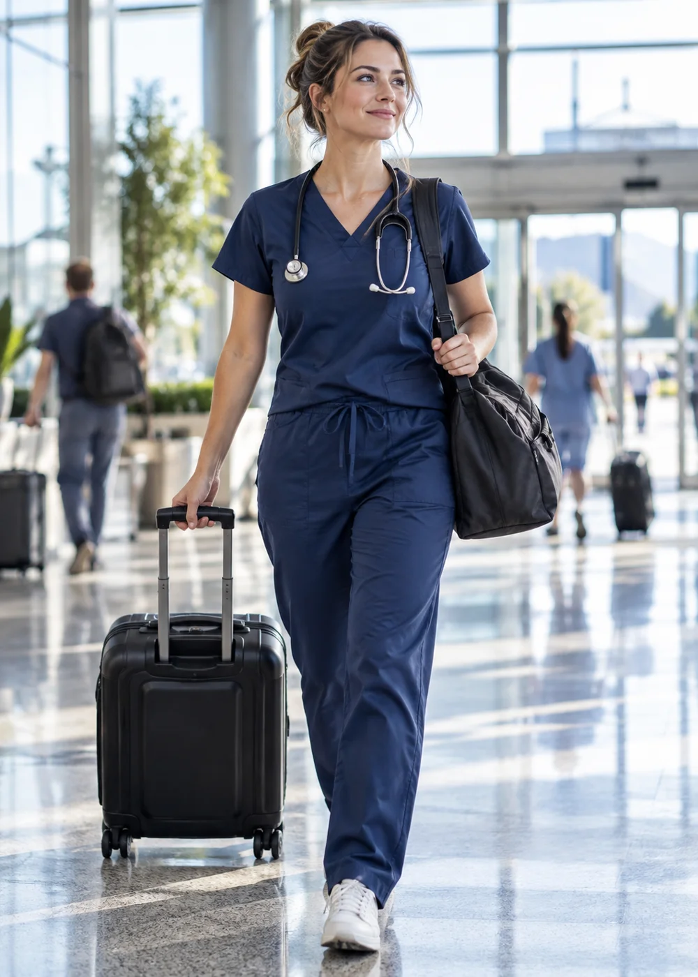 A nurse walking through an airport terminal with a case and bag
