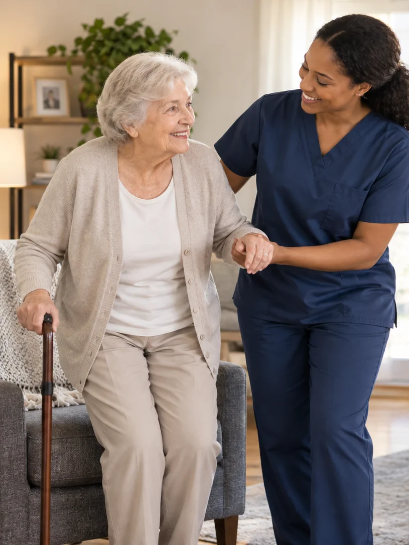 A nursing assistant helping an older woman rise from a chair