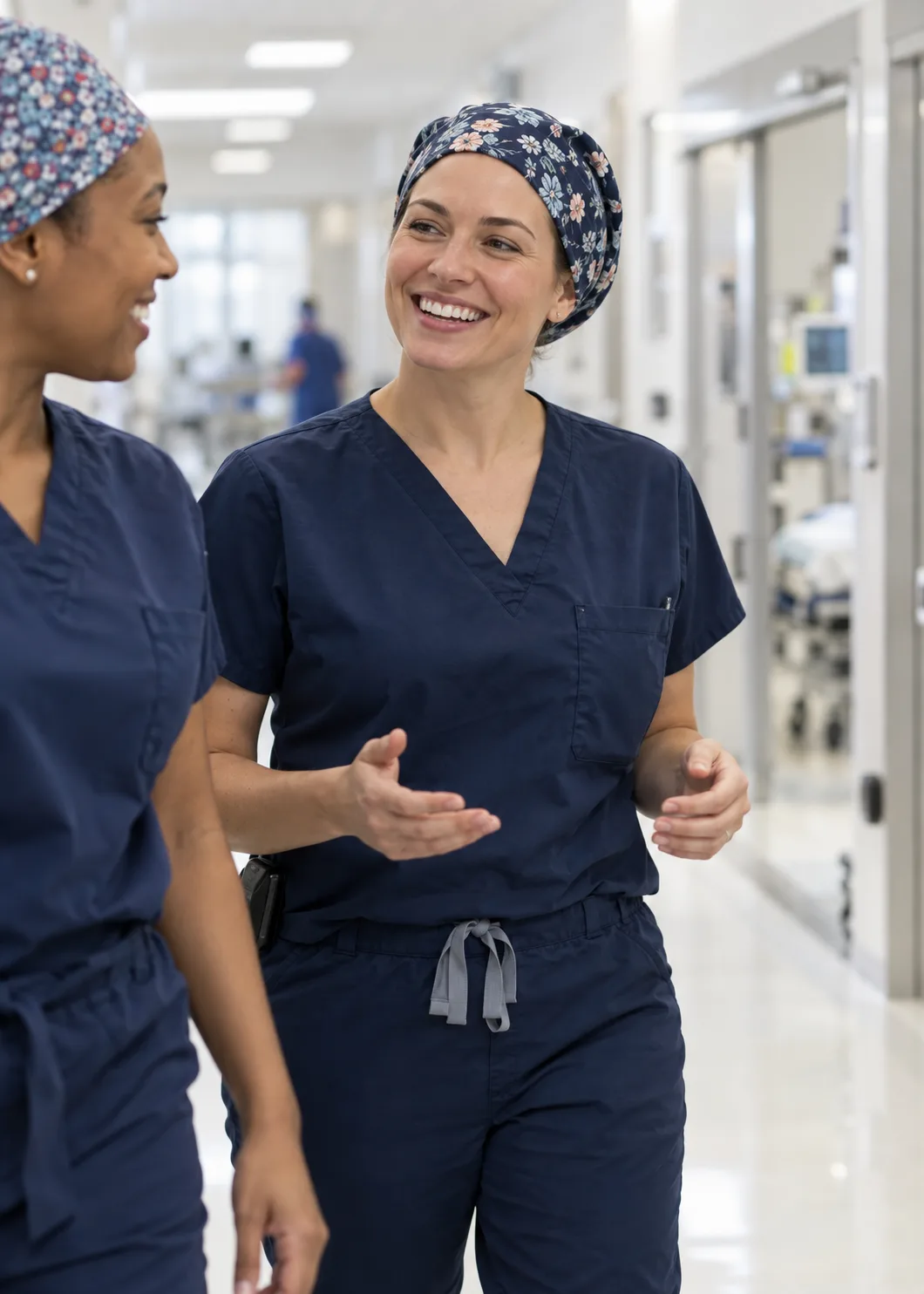 Two nurses in navy scrubs talking and smiling in a hospital corridor