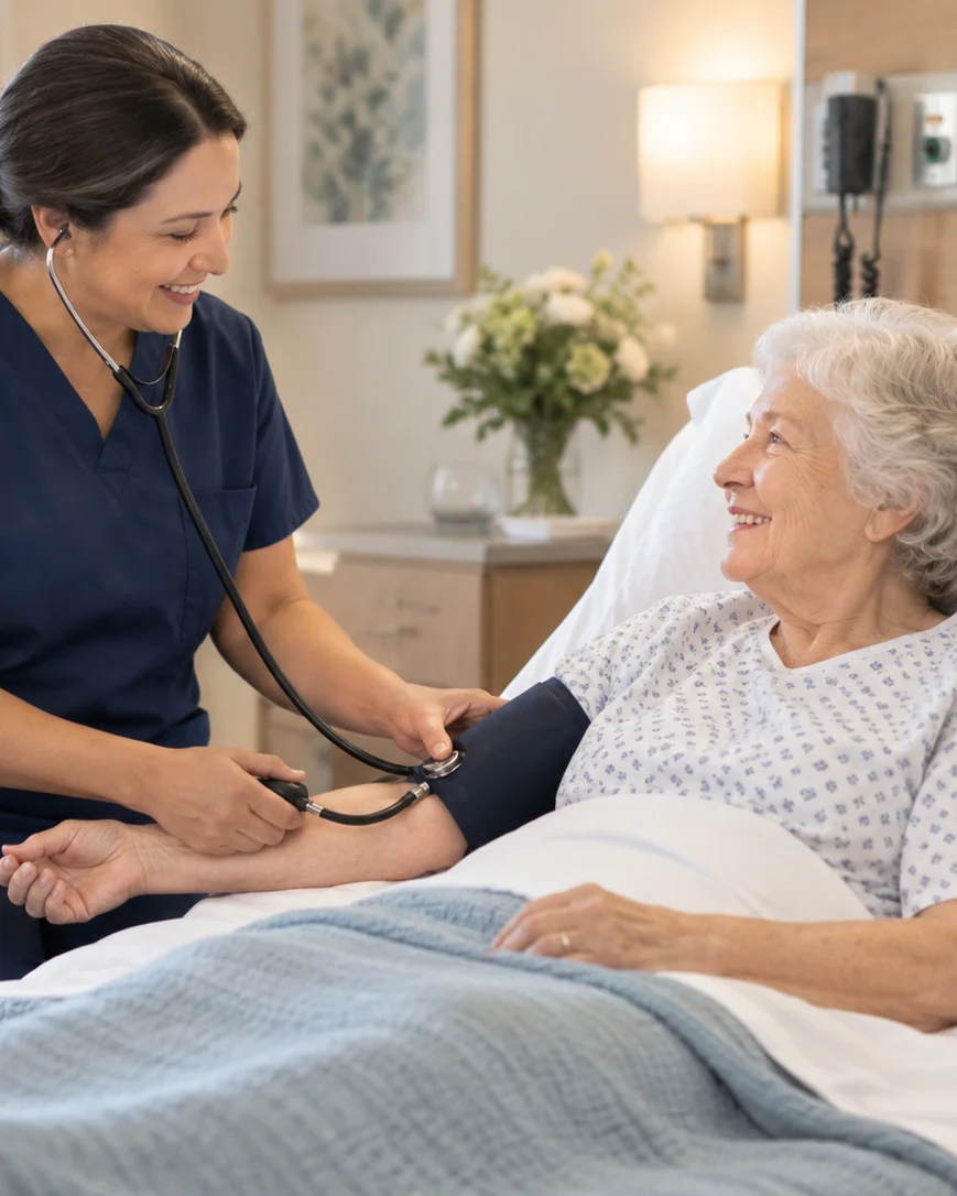 A nurse checking an older patient's blood pressure at the bedside
