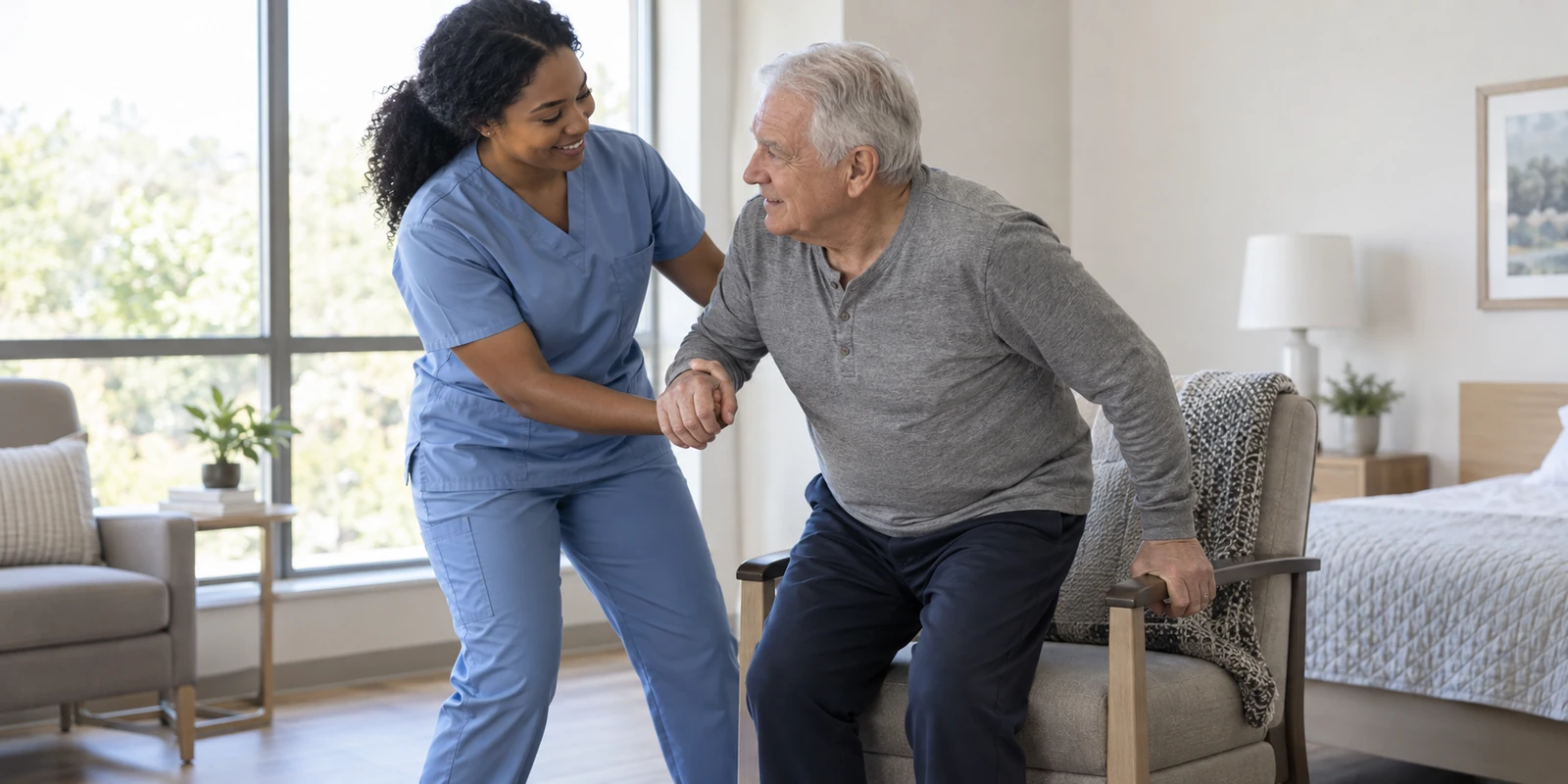 A caregiver helping an older adult move safely